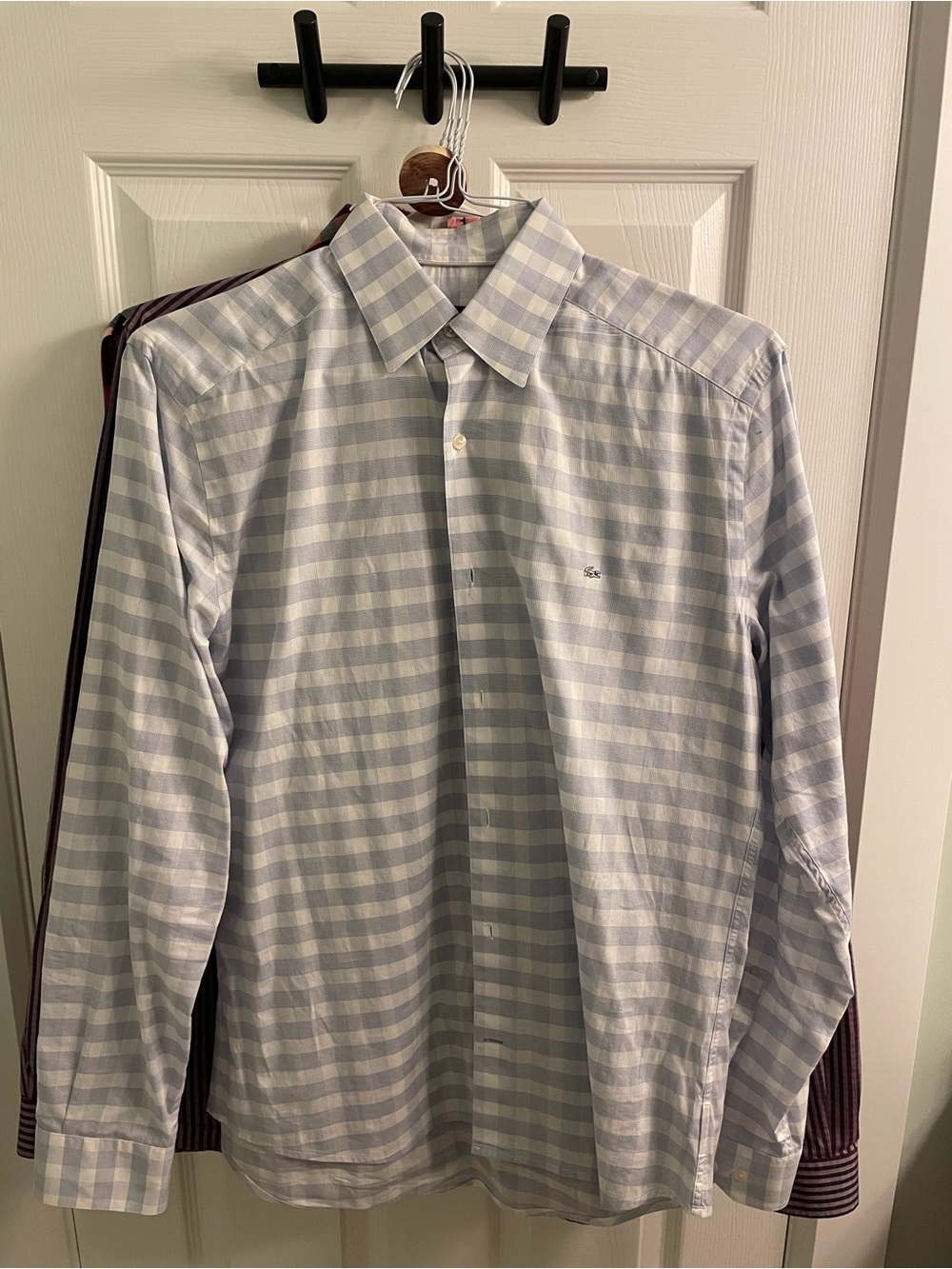 Lacoste Men's Pale Blue and White Check Dress Shirt